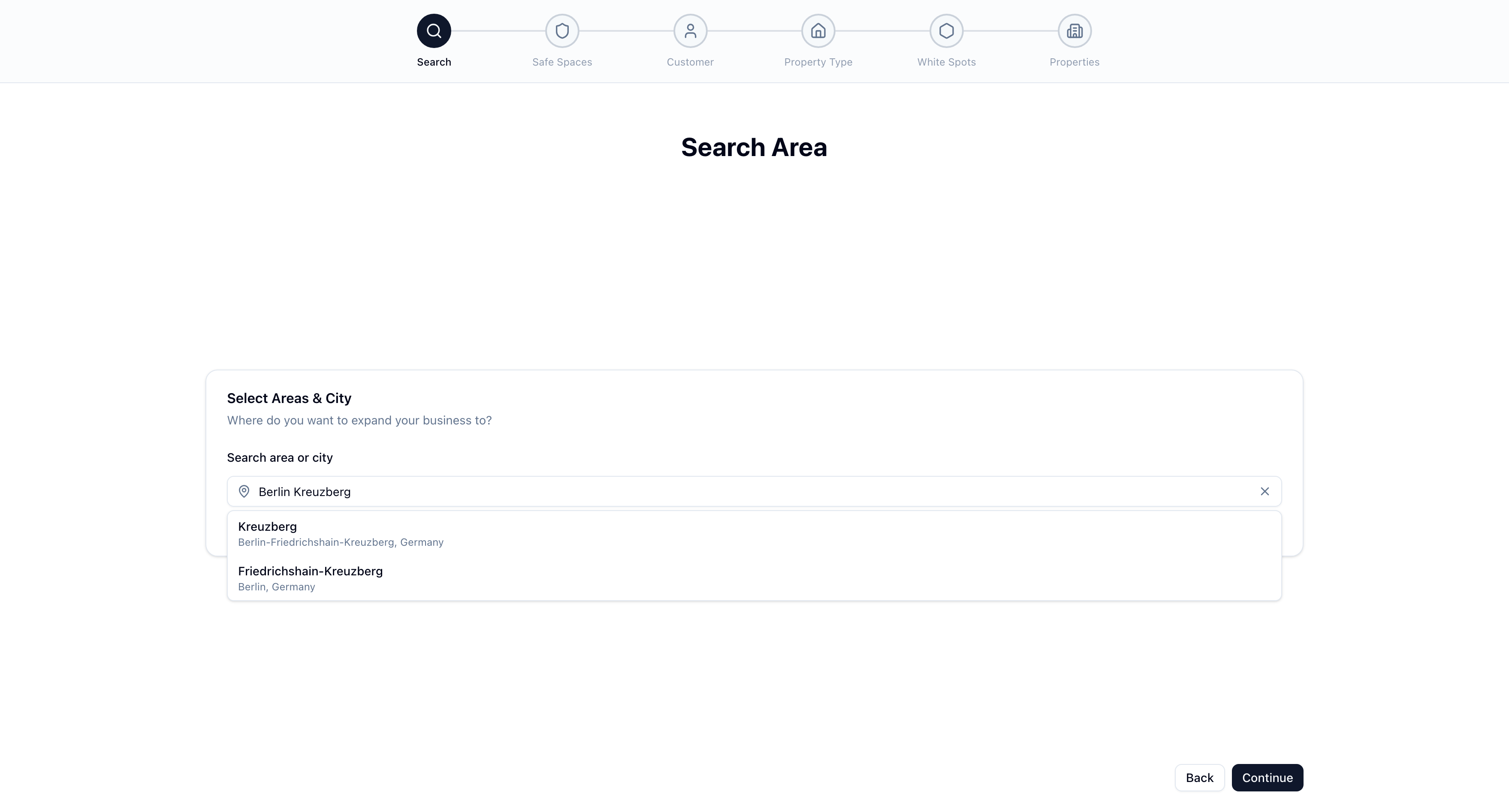 Search Area workflow screen
