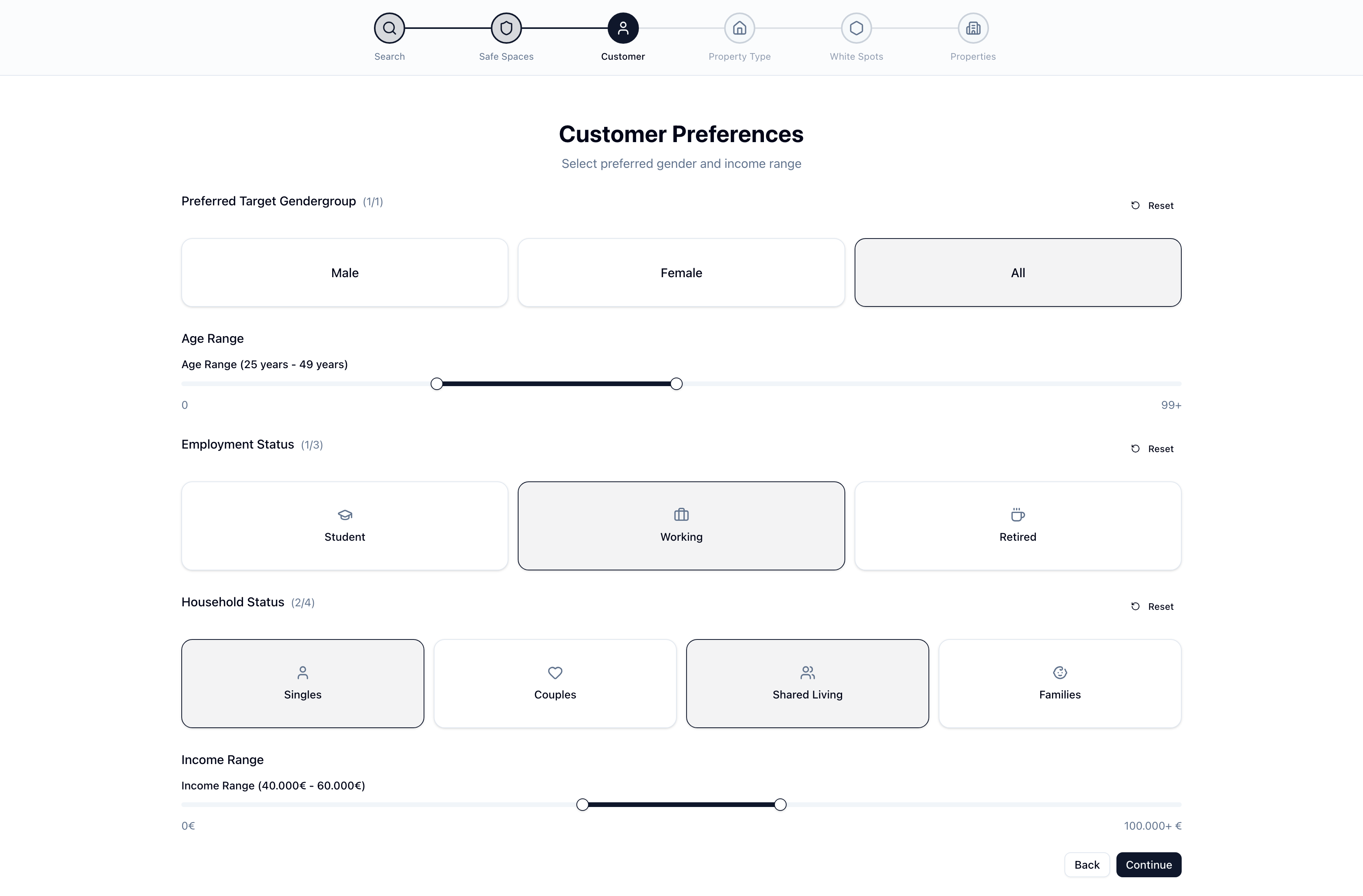 Customer Preference workflow screen